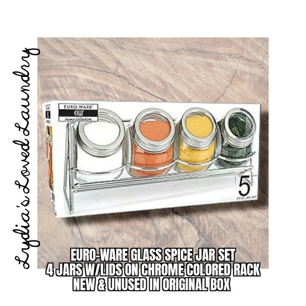 🌞 5/$20 Euro-Ware Glass Spice Jar Set New In Box Set Of 4 With Rack